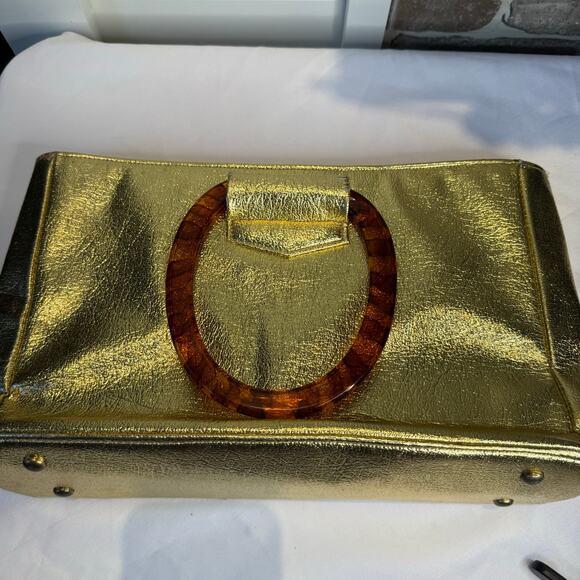 Vintage 60s RJ Florida USA Gold Tortoise Shell Lucite Handle Handbag - Picture 6 of 9